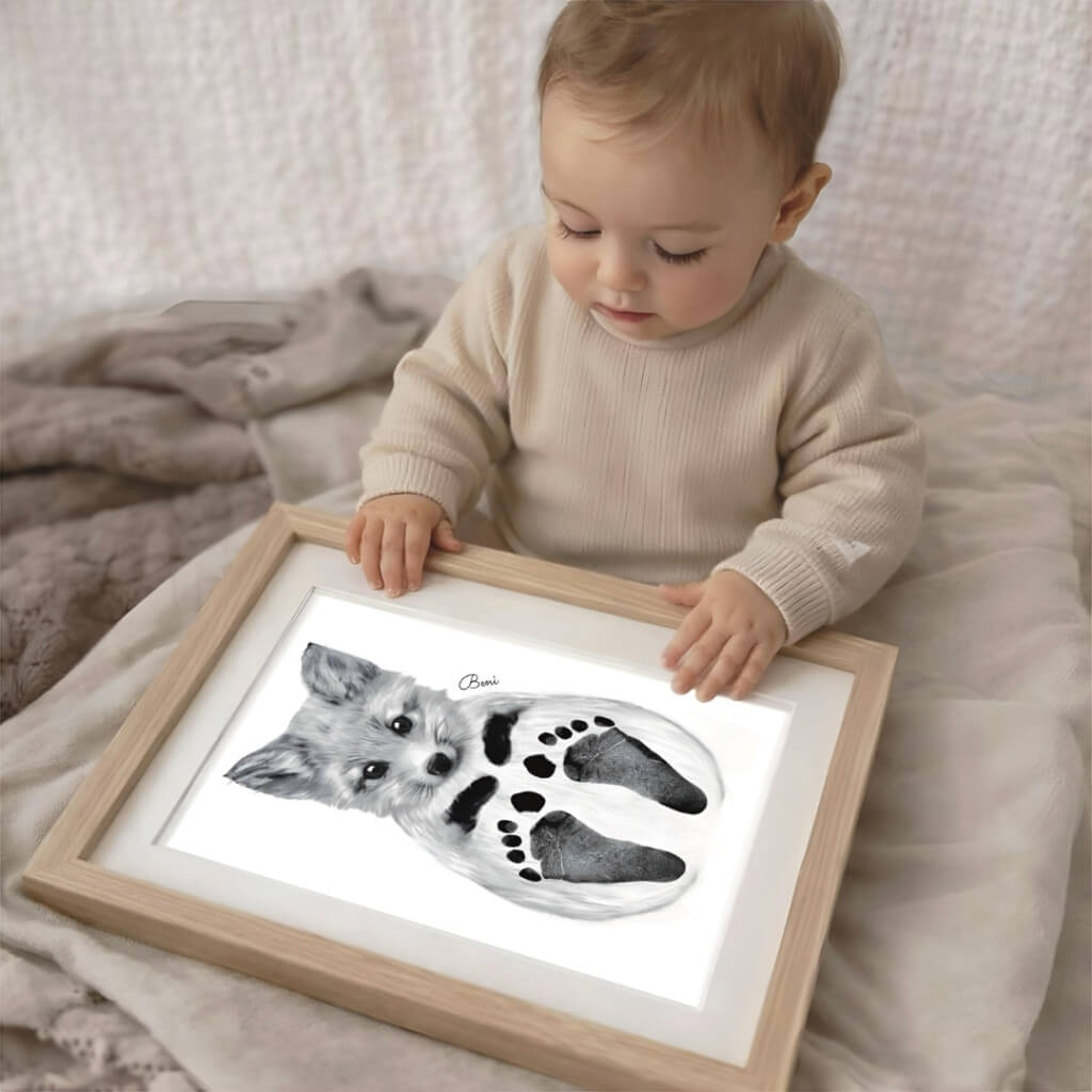 kisfiú rókás baba talplenyomat poszterrel